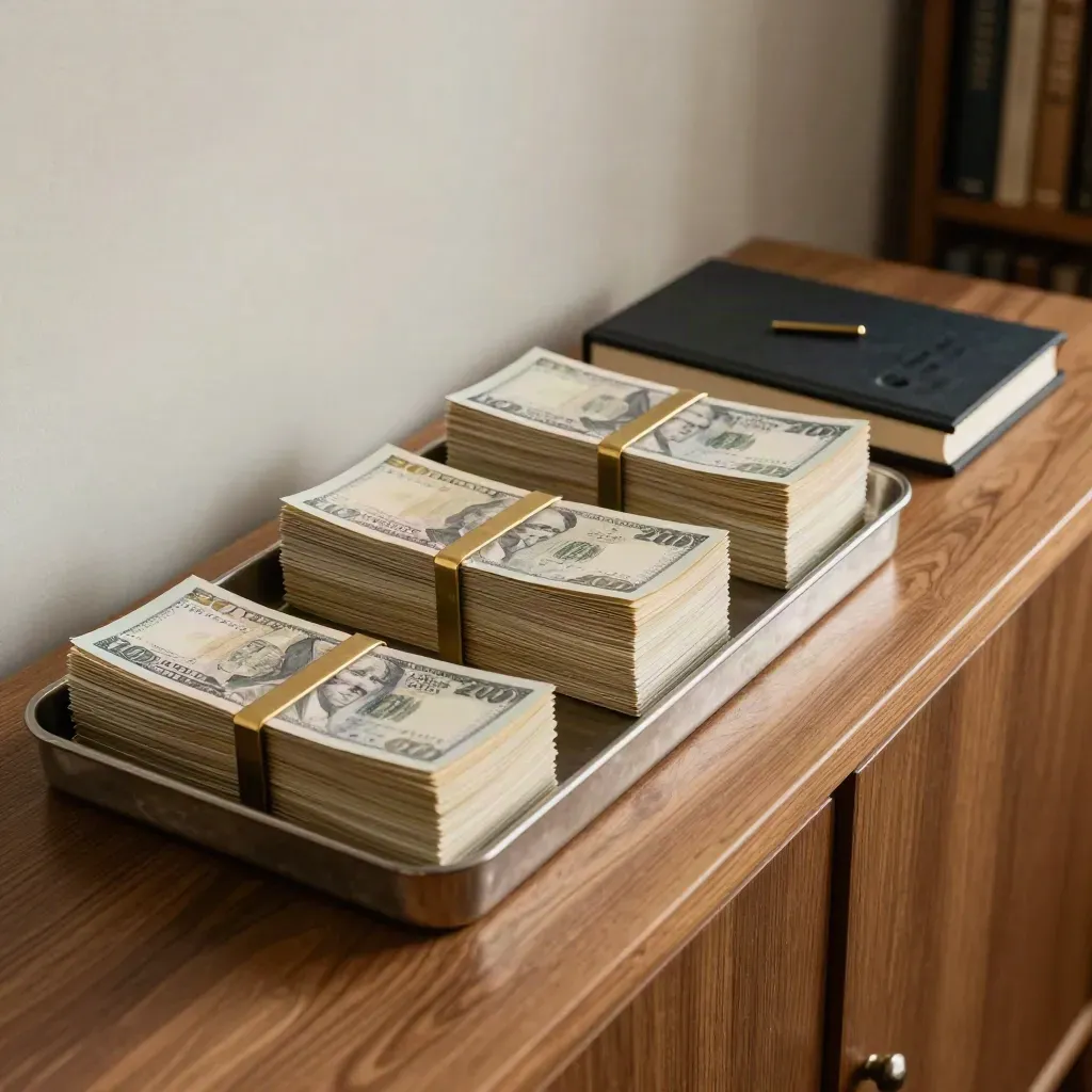Reserve trays, black ledger, and brass marker on a warm oak console in soft daylight.
