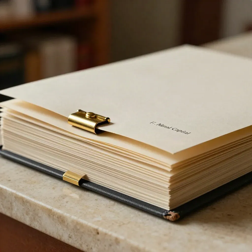 Macro of sealed investor update sleeves, brass clamp, and closed reply ledger on stone.