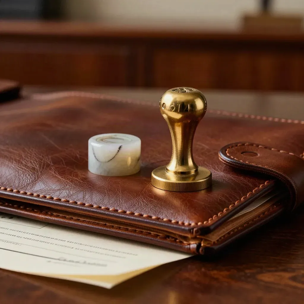 Leather folio, brass seal stamp, and stone paperweight on dark oak in dramatic light