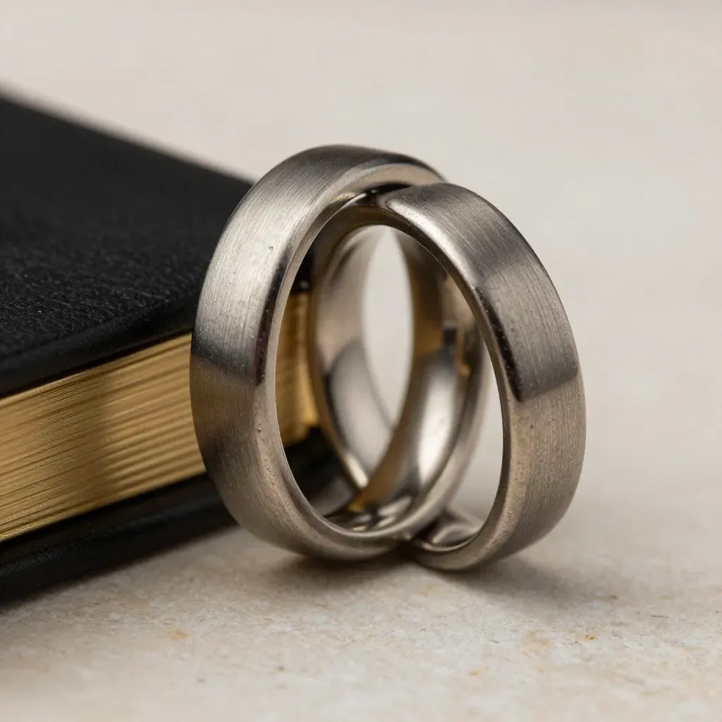 Macro still life of interlocked deal rings, black folio spine, and brass clip on pale stone.