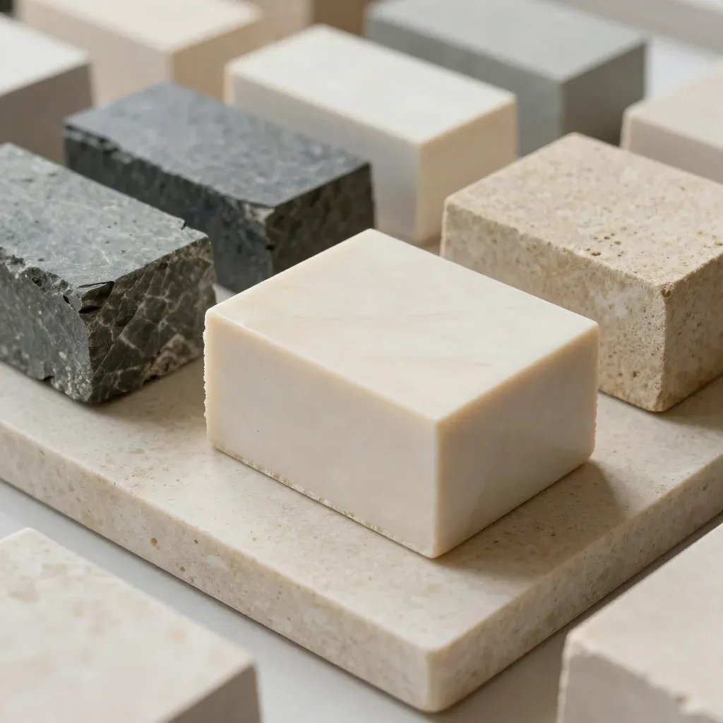 Overhead close-up of ivory, slate and sand sample blocks arranged in a balanced matrix.