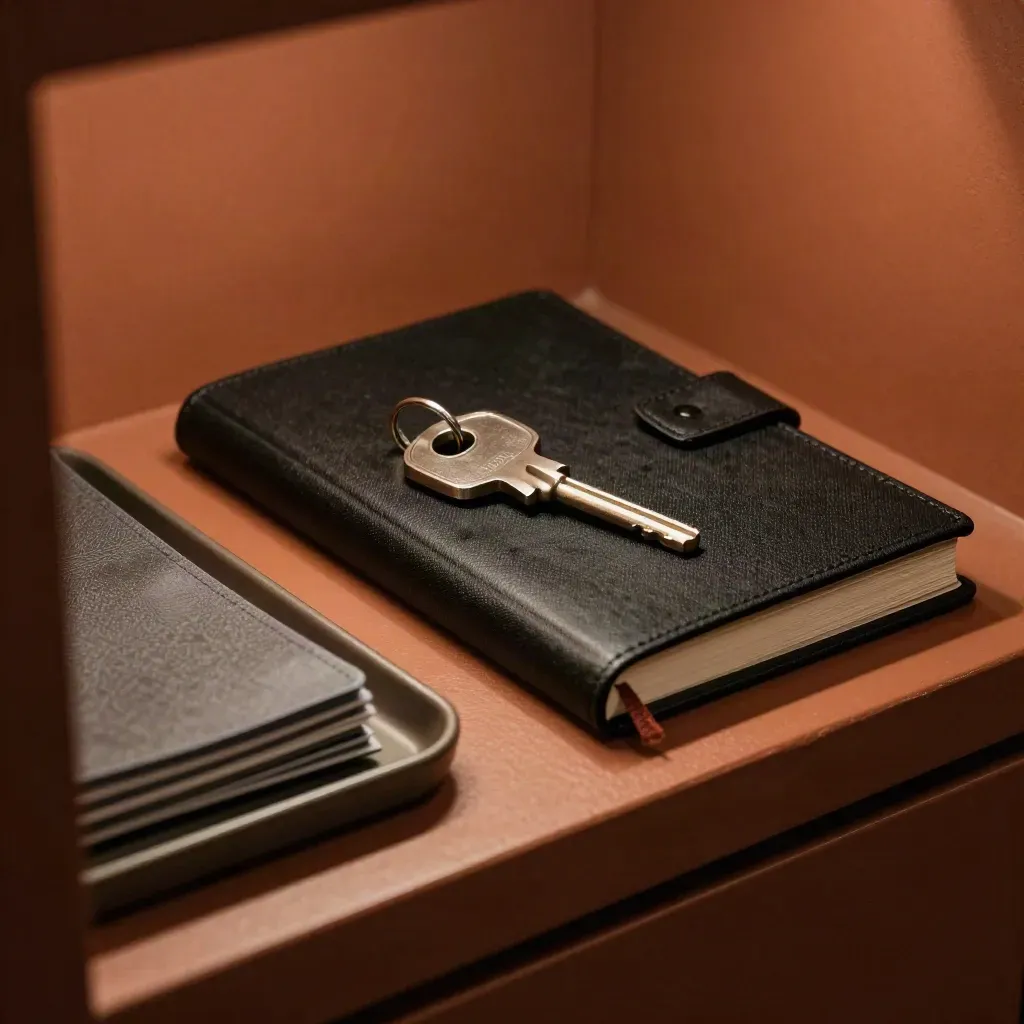 Brushed key, black treasury ledger, and folded sleeves on a terracotta ledge.