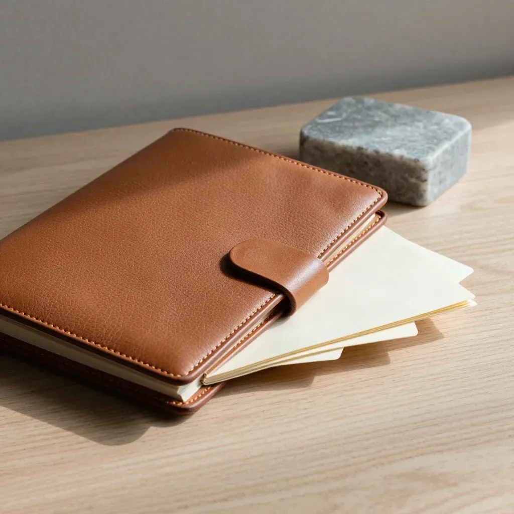 Closed leather folio, stone paperweight, and ivory dividers on pale wood.