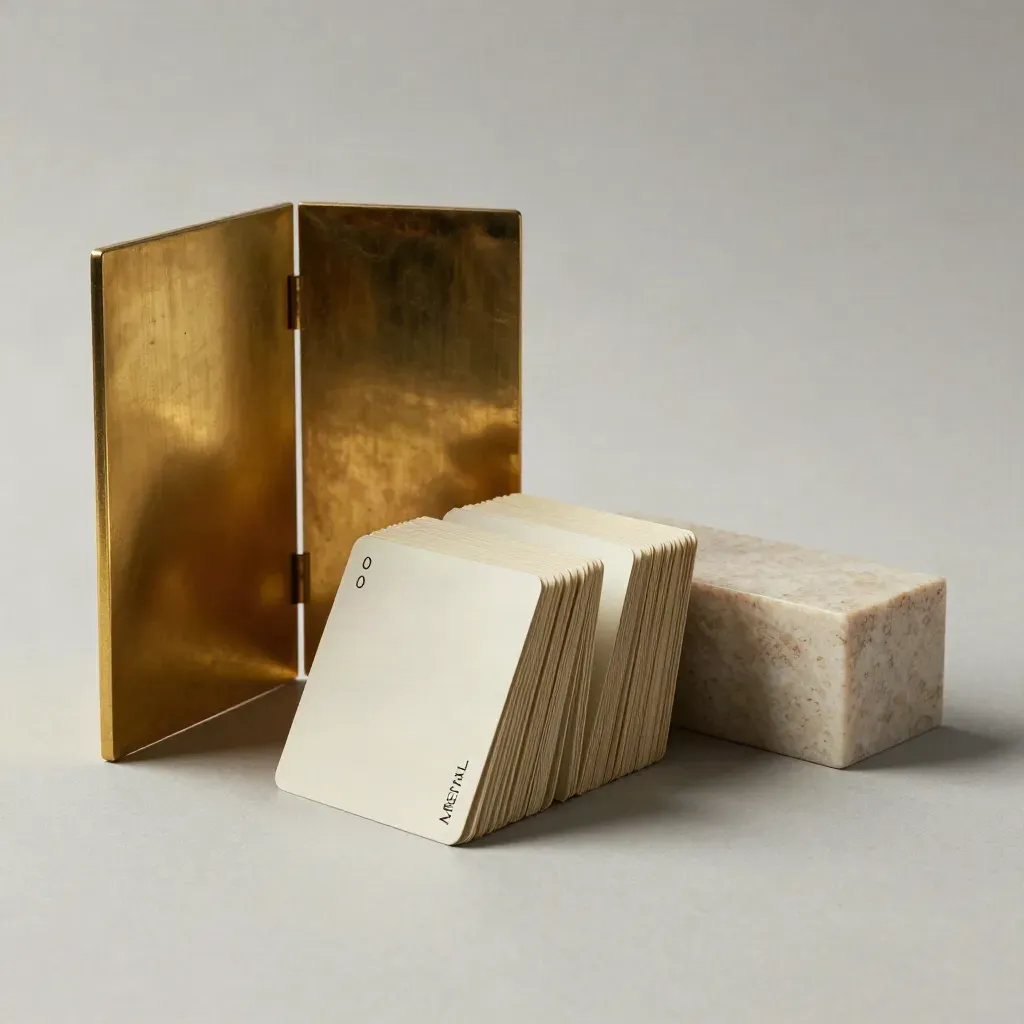 Brass divider, folded ivory cards and travertine block on soft plaster in warm side light.