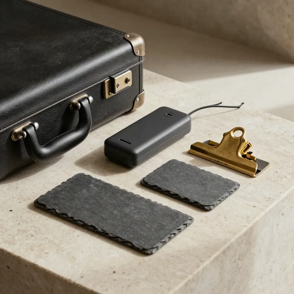 Leather briefcase corner, off speakerphone, brass clip and closed sleeves on pale stone