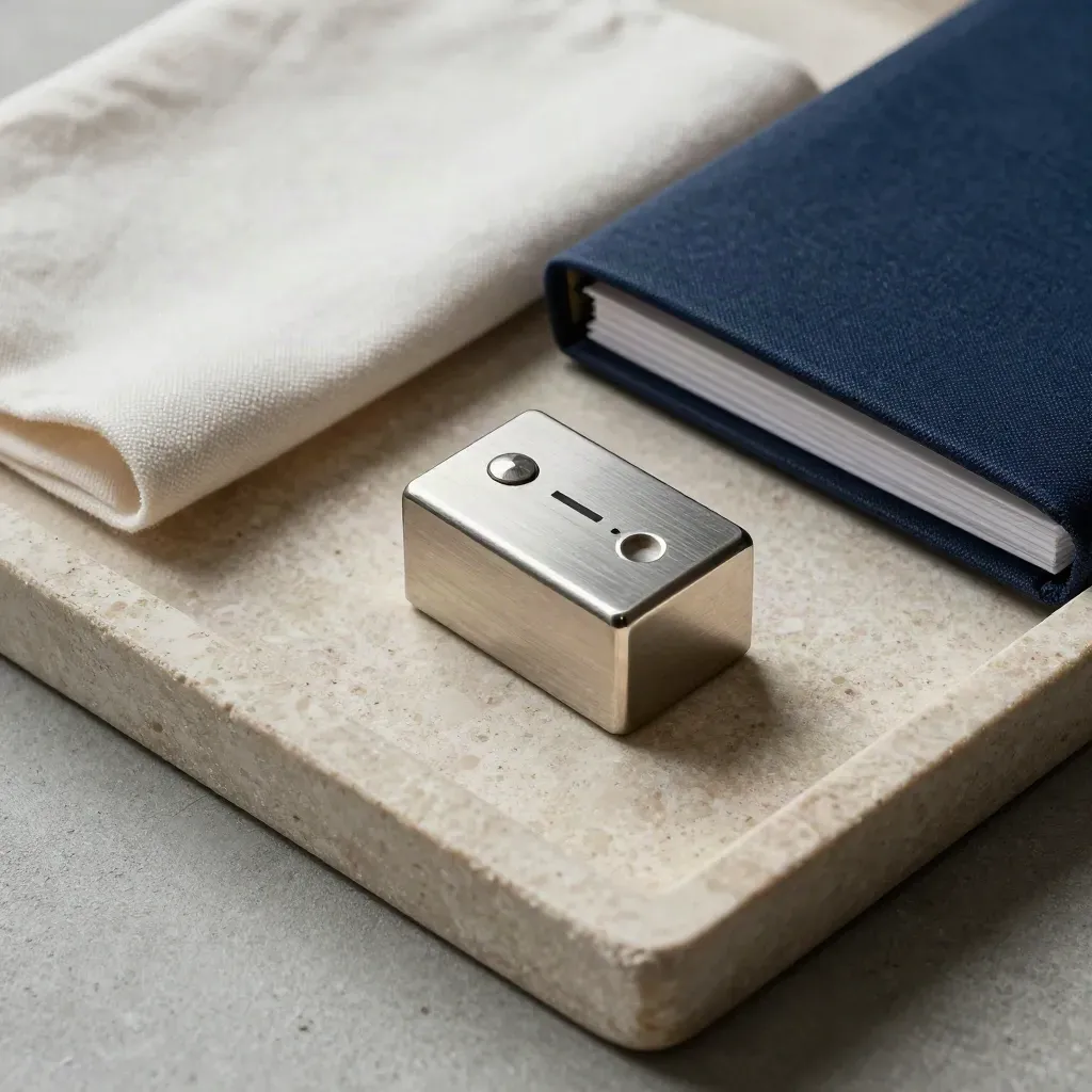 Top-down tray still life of a calendar block, steel tally token, and navy-folder treasury set.