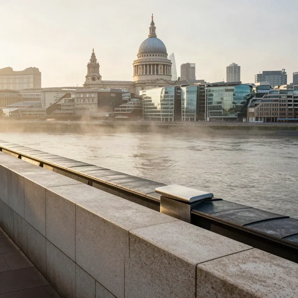 City of London skyline at dawn above river mist from a rooftop