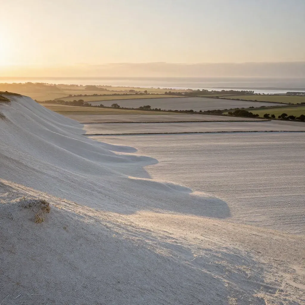 Golden chalk downs and a misty coastal horizon over calm open fields in South East England.