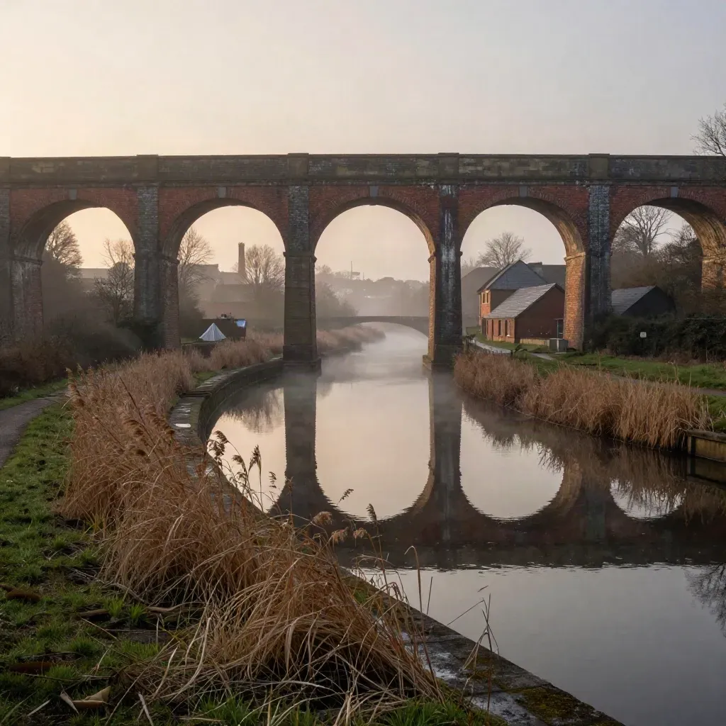 Foggy Midlands canal with brick viaducts and dawn light over quiet industrial roofs