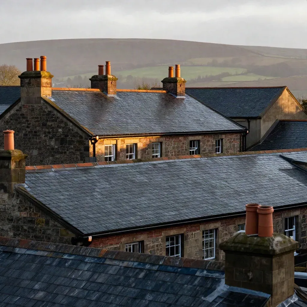 Rain-washed North West England rooftops glow at sunset with a hazy ridge beyond.