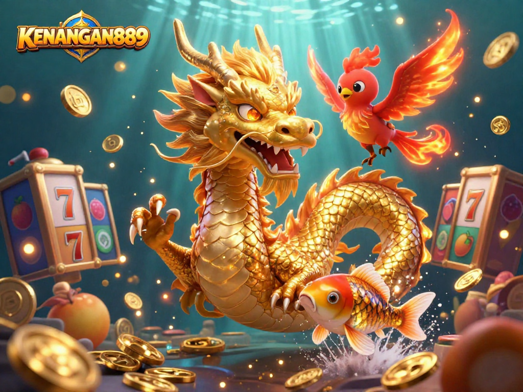 Experience exciting gaming with KENANGAN889, where players engage with vibrant slot reels and dragons.