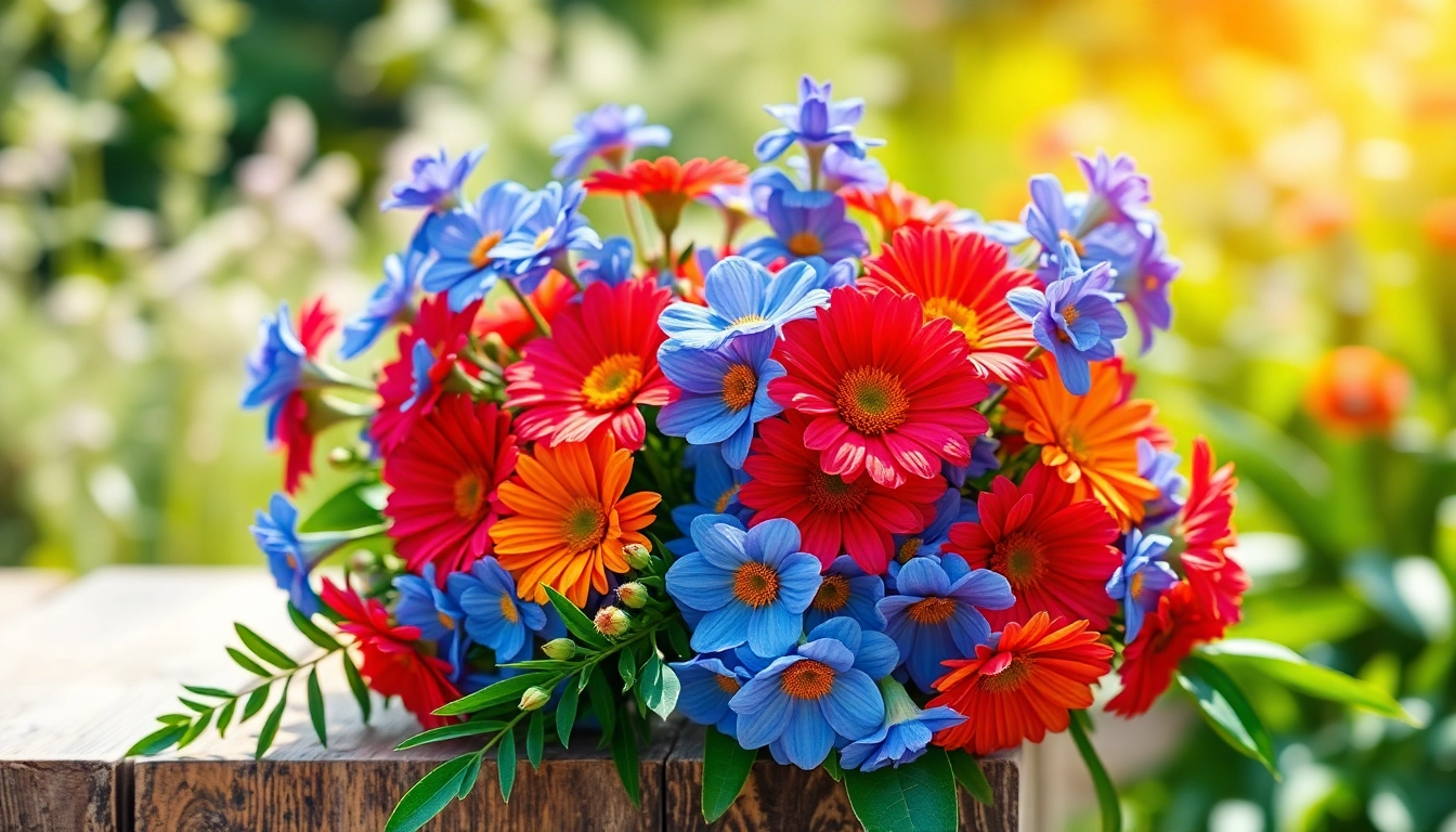 Die blühende bluetenbande in einem floralen Arrangement auf einem rustikalen Tisch.