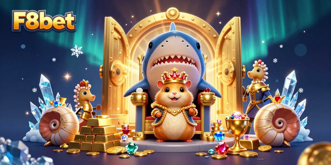 Experience the excitement of F8bet with a dynamic 3D scene depicting gaming royalty and treasures.