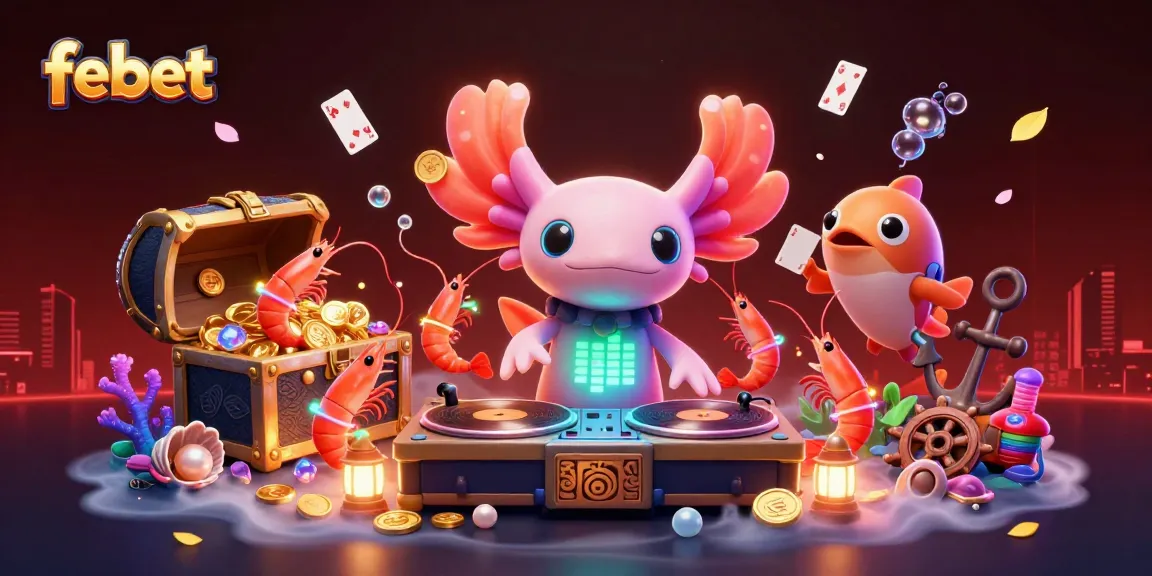Visualize febet's vibrant casino energy with an axolotl DJ and animated gaming elements.