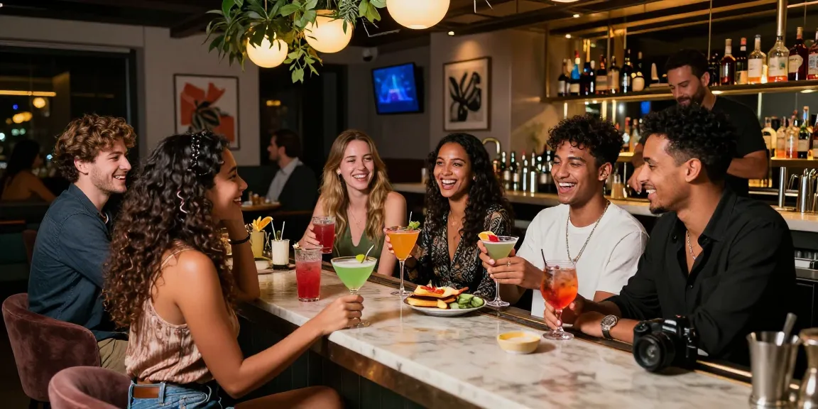 Gathering at a lively 유흥사이트 lounge, friends enjoy cocktails in a vibrant nightlife atmosphere.