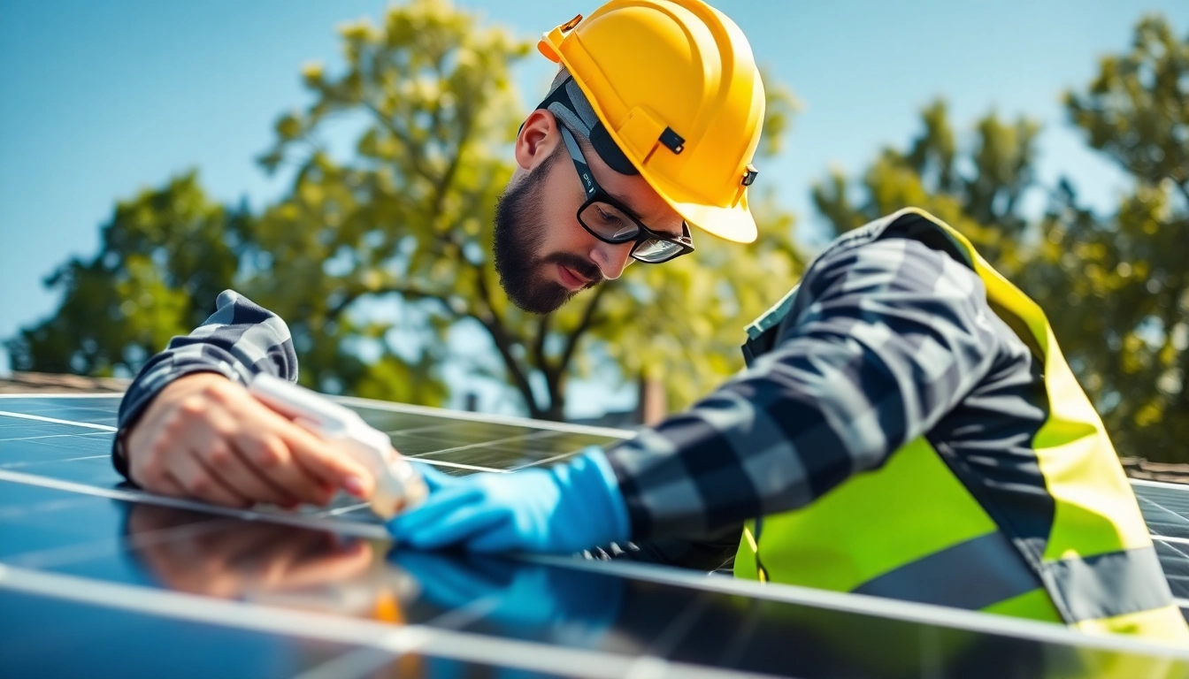 Expert examining solar panel repair near me on a rooftop in bright sunlight.