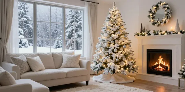 A beautifully decorated white Christmas tree in a cozy winter living room setting.
