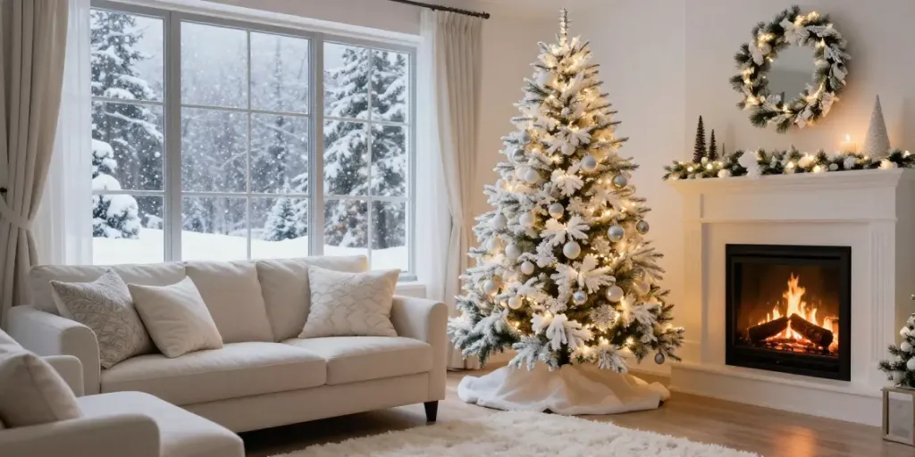 A beautifully decorated white Christmas tree in a cozy winter living room setting.