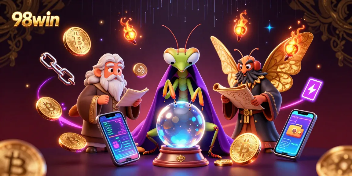 Engage with 98win's vibrant illustration depicting fortune tellers and blockchain elements in casino settings
