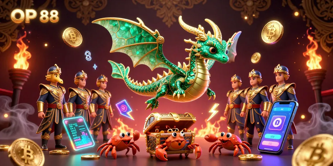 Join the action at OP 88 as a vibrant sea dragon showcases wealth and crypto amid colorful casino elements.