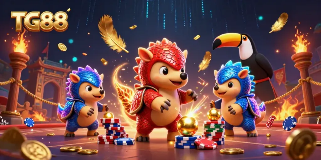 Experience excitement at TG88 with rival pangolins and vibrant casino elements in a dazzling 3D scene.