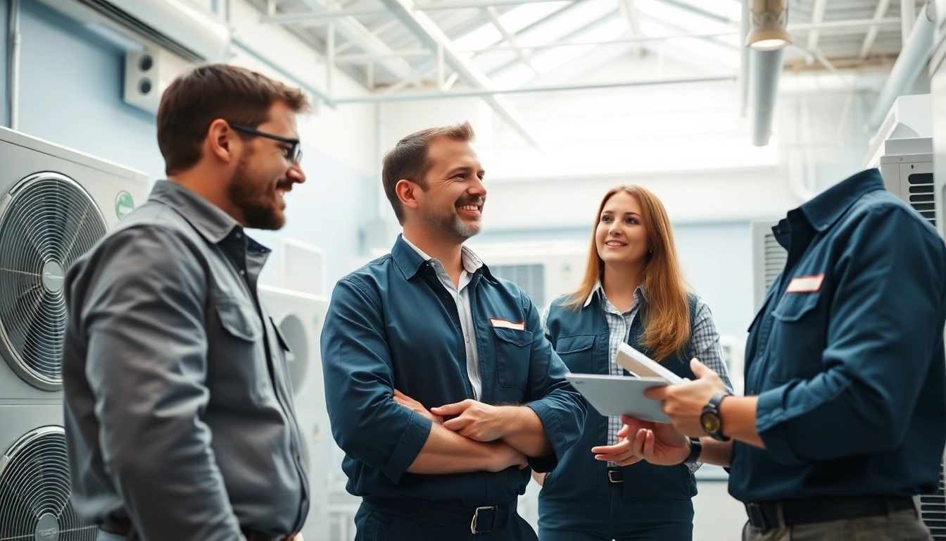 Expert HVAC dealers reviewing innovative systems while advising customers in a bright showroom.