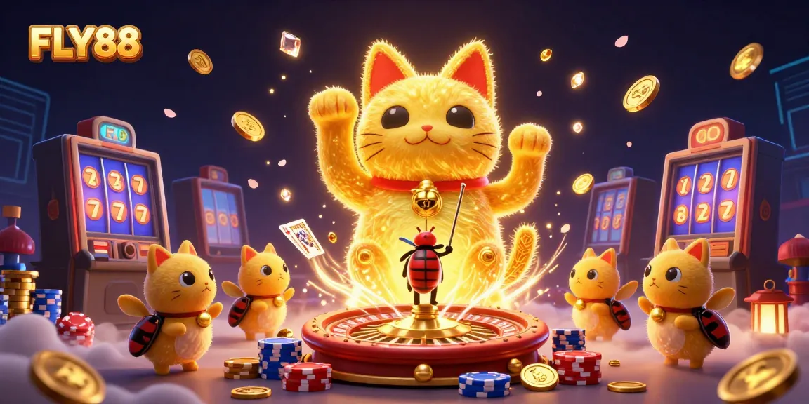 Experience luck with FLY88: a vibrant 3D illustration of a lucky cat, coins, and gaming symbols.