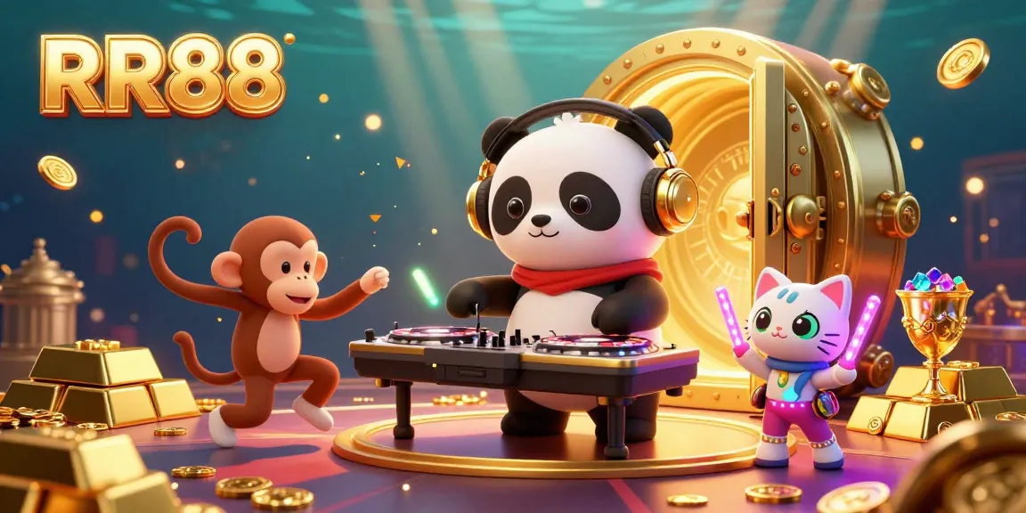 Experience excitement with RR88 as a DJ panda spins on roulette wheels amidst a lively casino atmosphere.