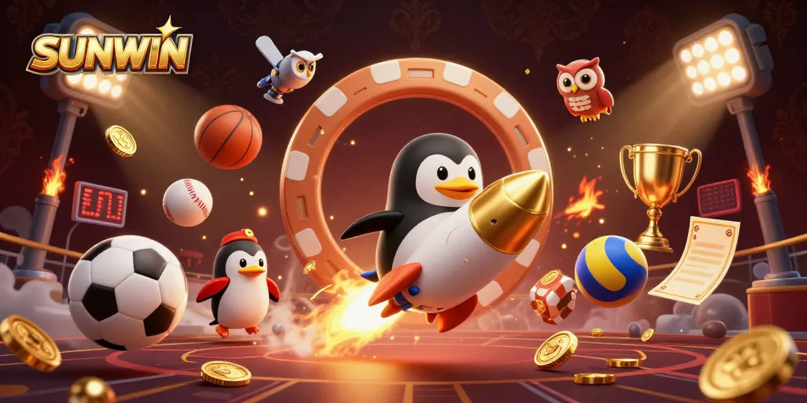 SUNWIN casino adventure with a golden penguin flying past a poker chip station amidst vibrant sports elements.
