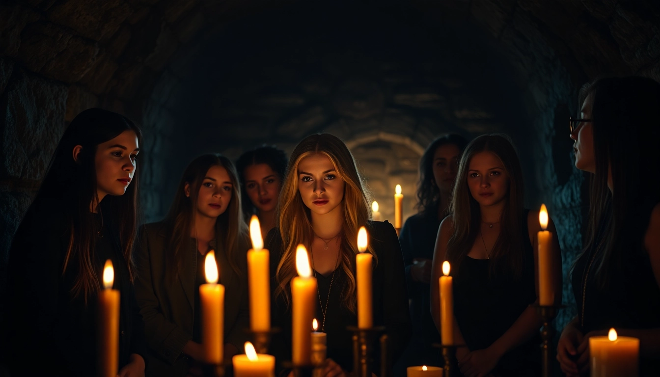 Watch Forbidden Fruits movie featuring a witch cult scene illuminated by candlelight.