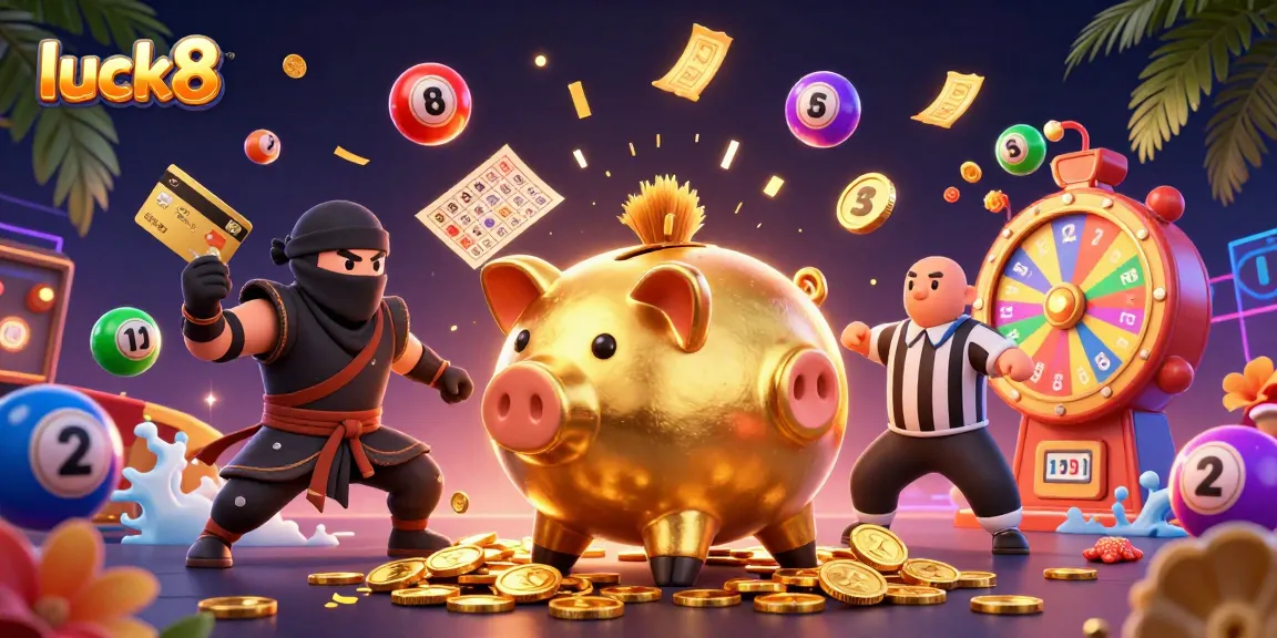 Engage with luck8's dazzling gaming world through a lively scene featuring a piggy bank sumo wrestler and dynamic game elements.