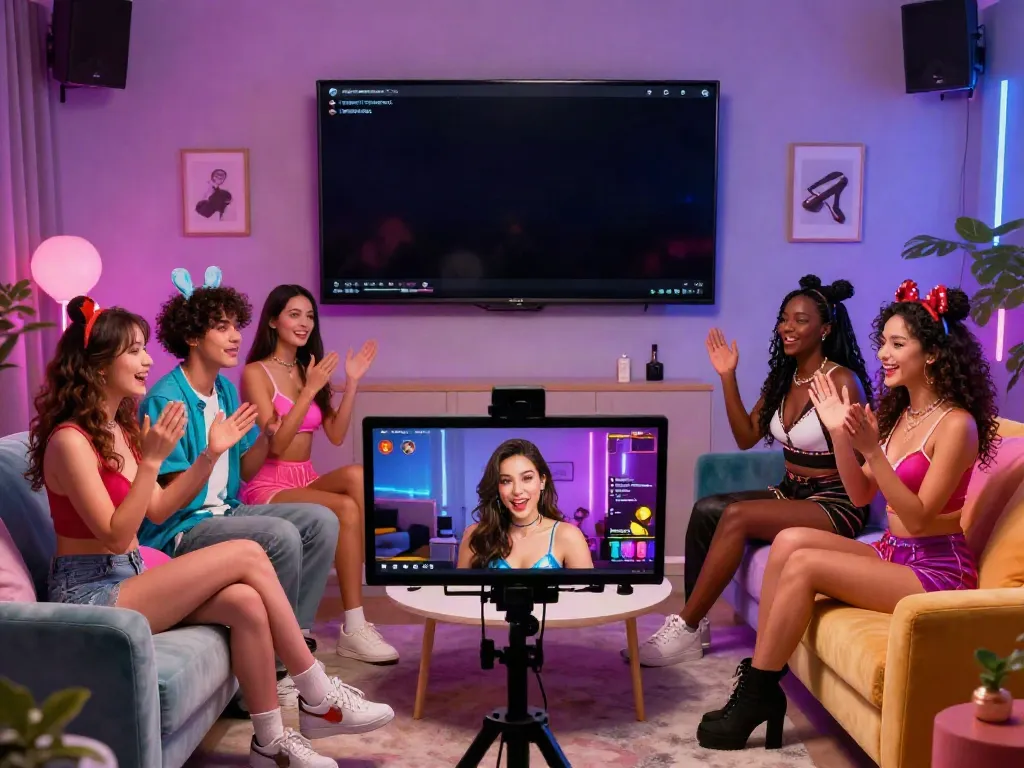 Engaging scene of live porn entertainers interacting with viewers in a vibrant studio setting