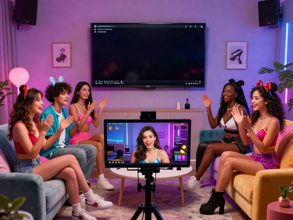 Engaging scene of live porn entertainers interacting with viewers in a vibrant studio setting