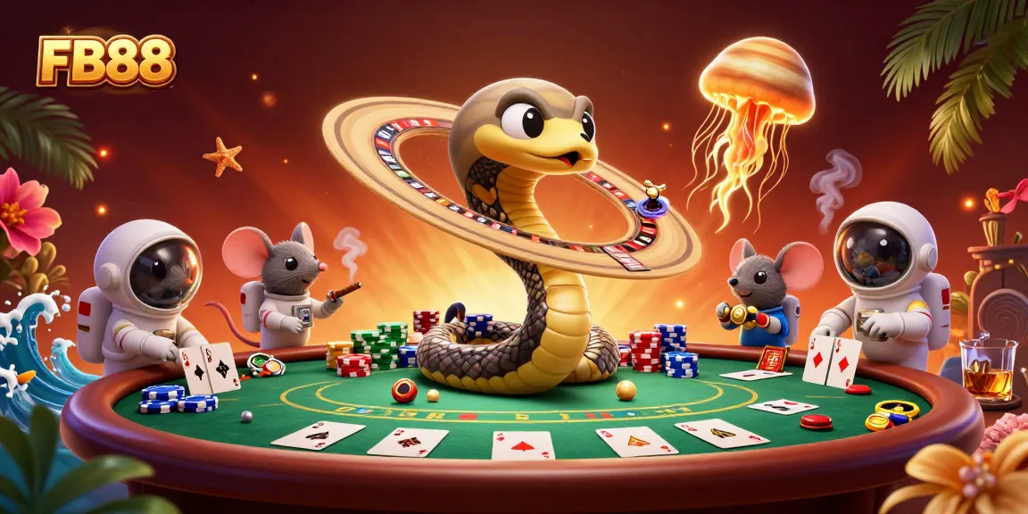 FB88 players celebrating wins while betting in a vibrant cosmic casino scene with colorful poker elements.