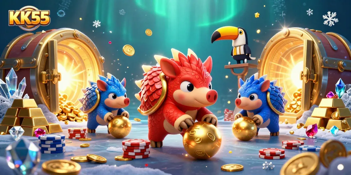 Play at KK55 with lively pangolins bowling through chips, showcasing an exciting casino atmosphere.