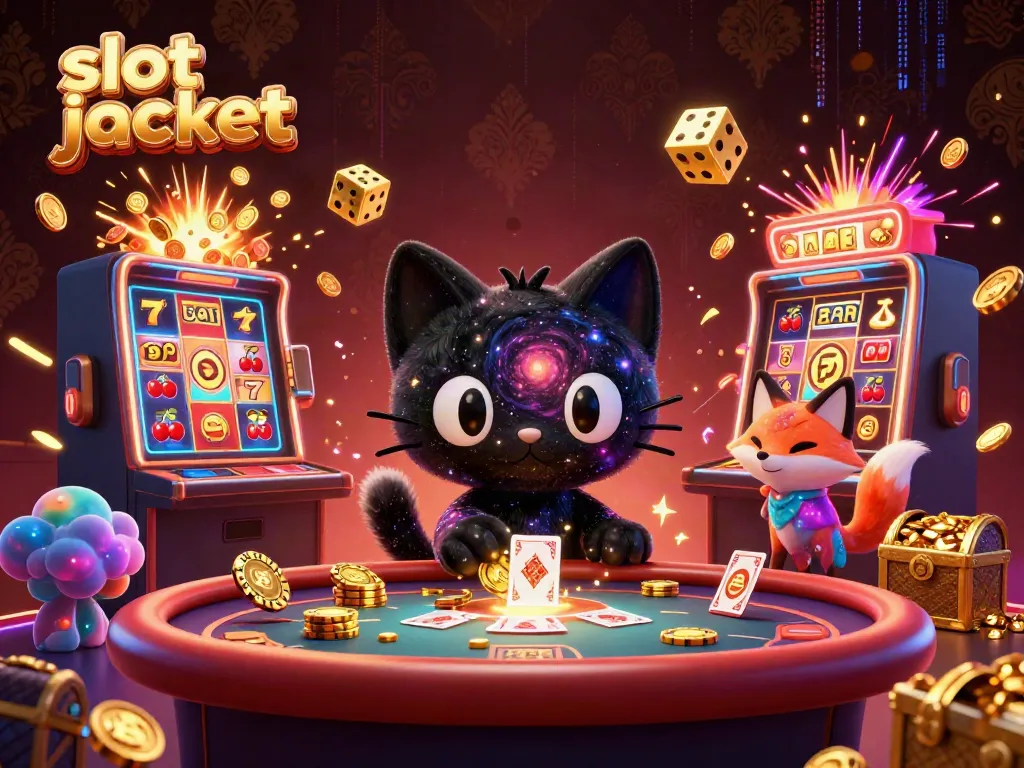 Menangkan slot jackpot dengan kucing lubang hitam 3D dan teman rubah nebula dalam kasino kosmik.