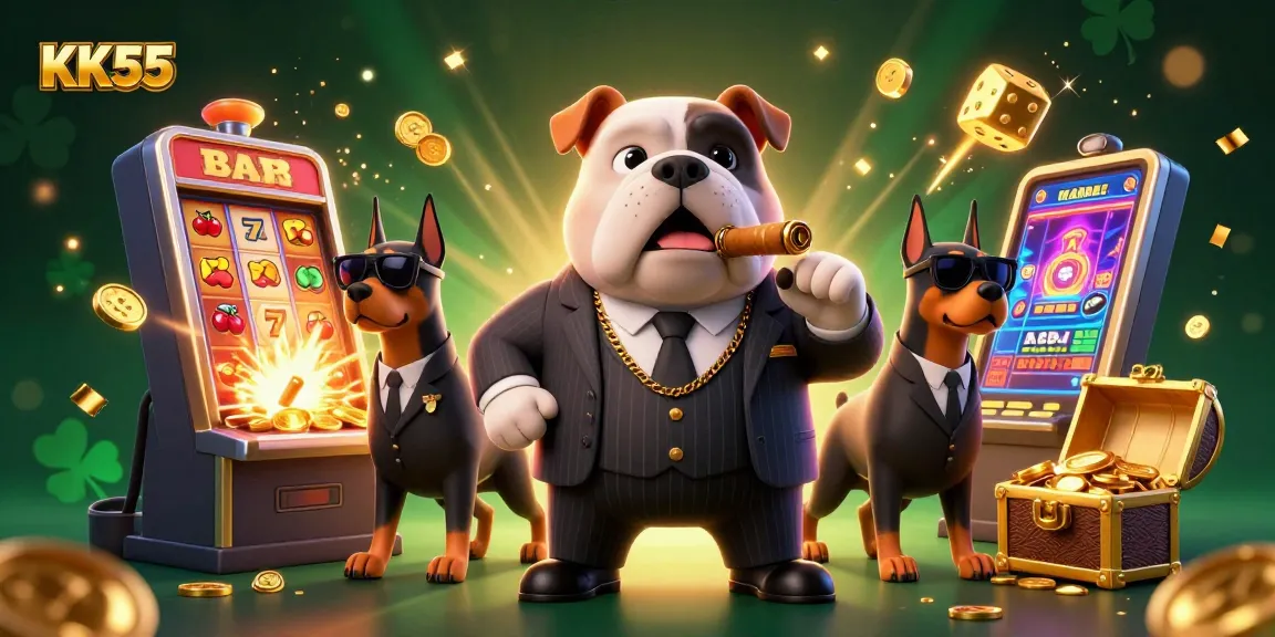 Engage with KK55's thrilling gaming experience featuring a mafia theme, lively slot machines, and vibrant visuals.