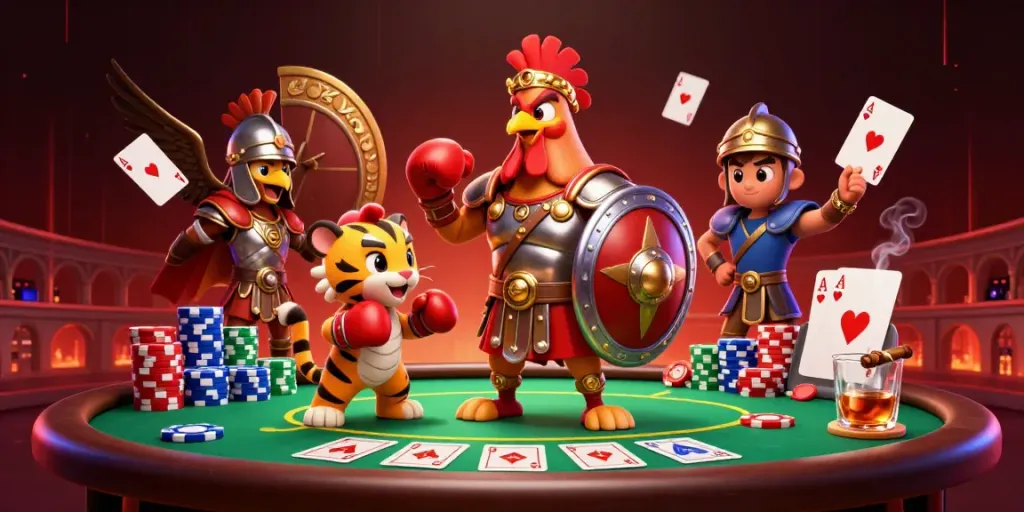 Engage in daftar idn poker action with vibrant colorful elements and characters at play.