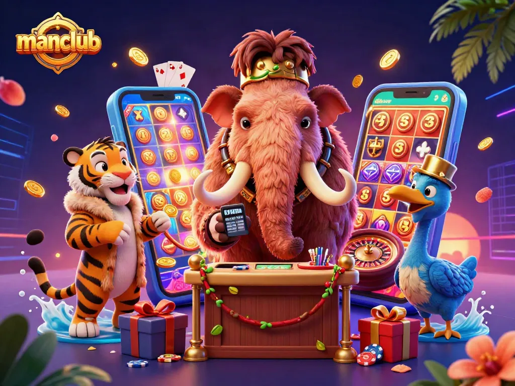 Engage with manclub's vibrant casino scene featuring a woolly mammoth checking IDs and a saber-tooth tiger enjoying gaming.