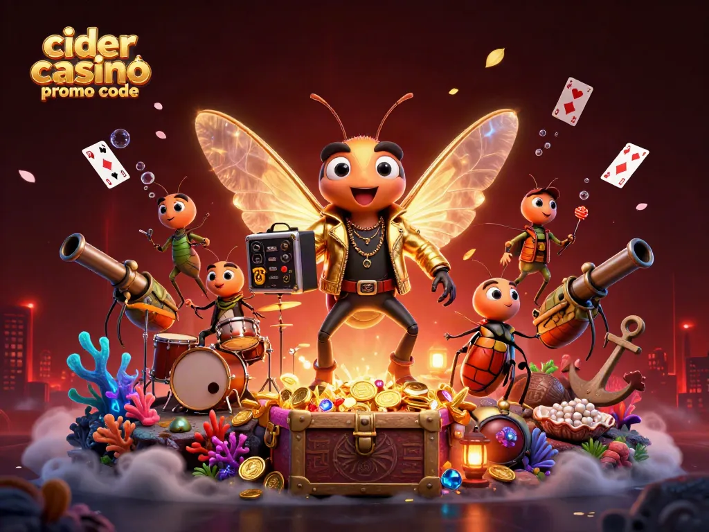 Cider casino promo code visual with cartoon cicada rock star and vibrant game elements