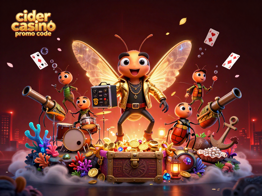 Cider casino promo code visual with cartoon cicada rock star and vibrant game elements