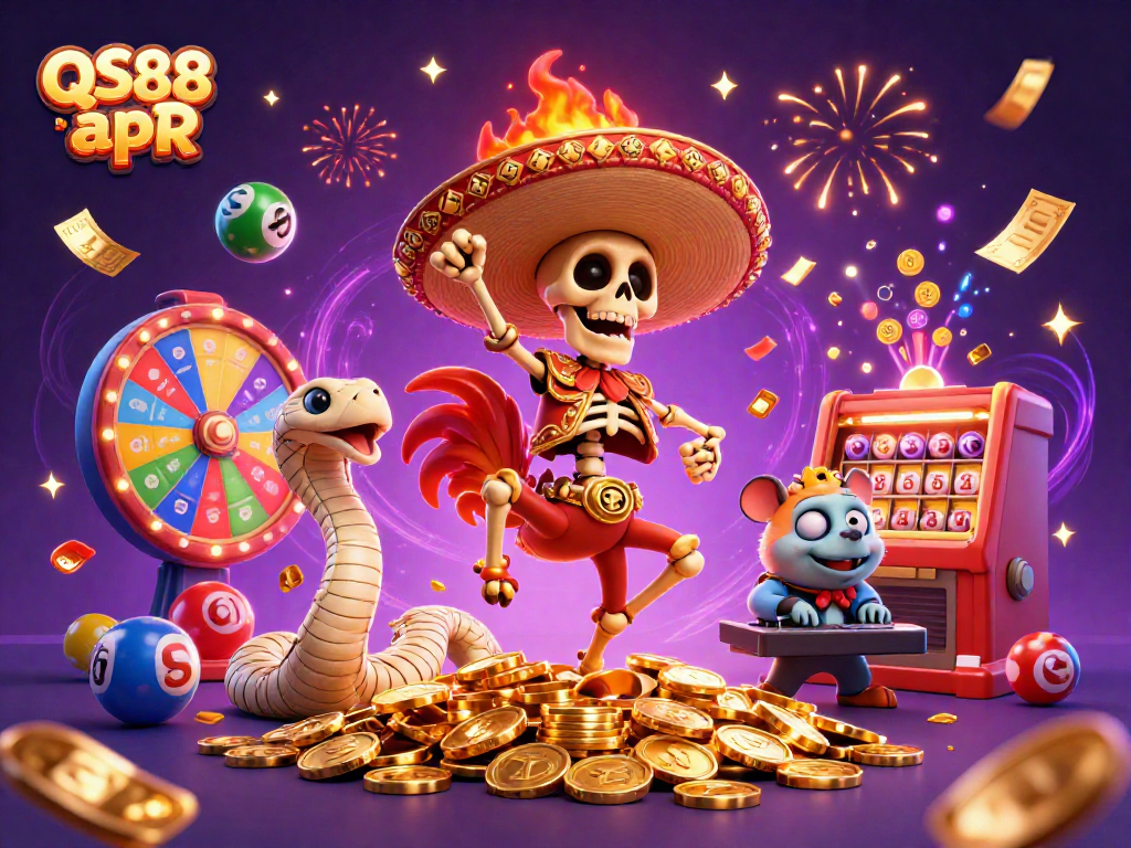 Experience the excitement of QS88 apR with a lively 3D illustration showcasing dynamic casino elements and characters.