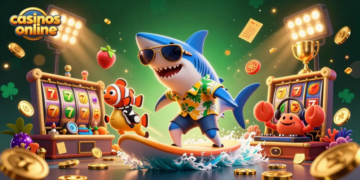 Casinos online: una ilustración divertida de un tiburón surfista en monedas de oro y elementos de tragamonedas girando.