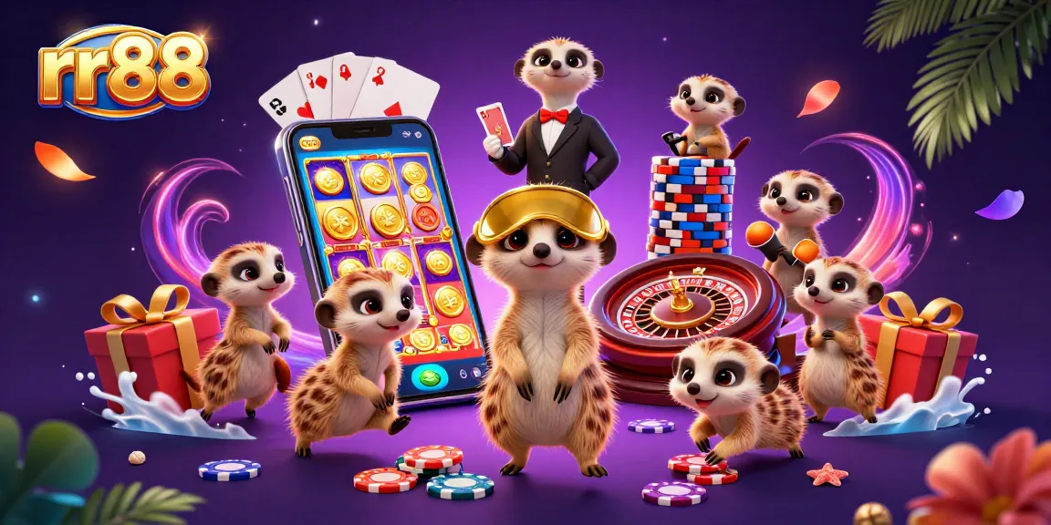 Experience thrilling gaming action at rr88 with animated meerkats managing a lively casino.