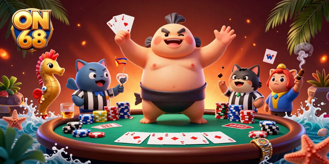 Play at ON 68 with action-packed poker scenes, vibrant characters, and thrilling casino elements showing lively bets.