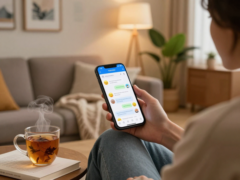 Engaging with an AI girlfriend app in a cozy setting, showcasing modern technology.