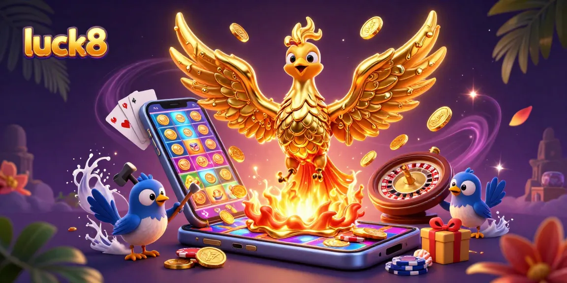 Experience the thrill of luck8 with this vibrant casino-themed illustration featuring a molten golden phoenix.