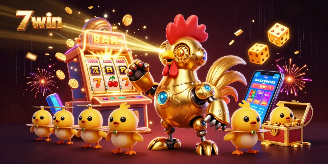 Experience thrilling gameplay with 77win’s golden rooster robot in a vibrant casino world.