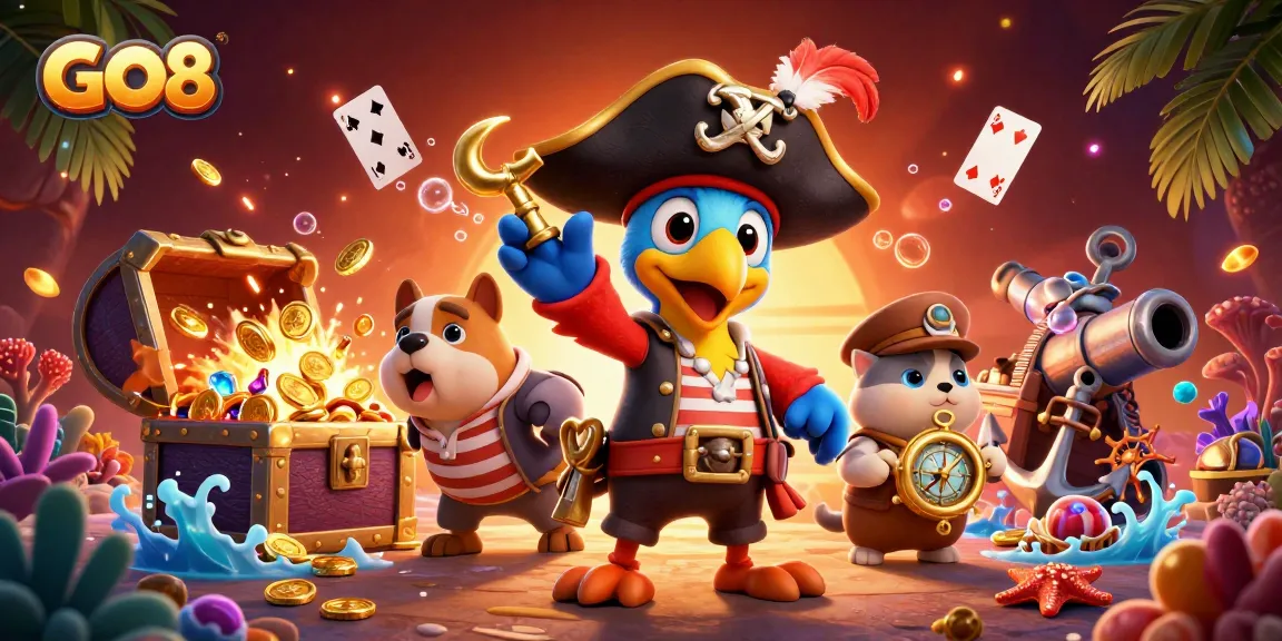 Engage in GO8's thrilling gameplay with a vibrant pirate-themed 3D digital illustration.