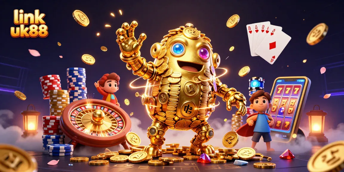 Spin the reels with link uk88's vibrant 3D casino illustration featuring gold golems and jackpot dreams.